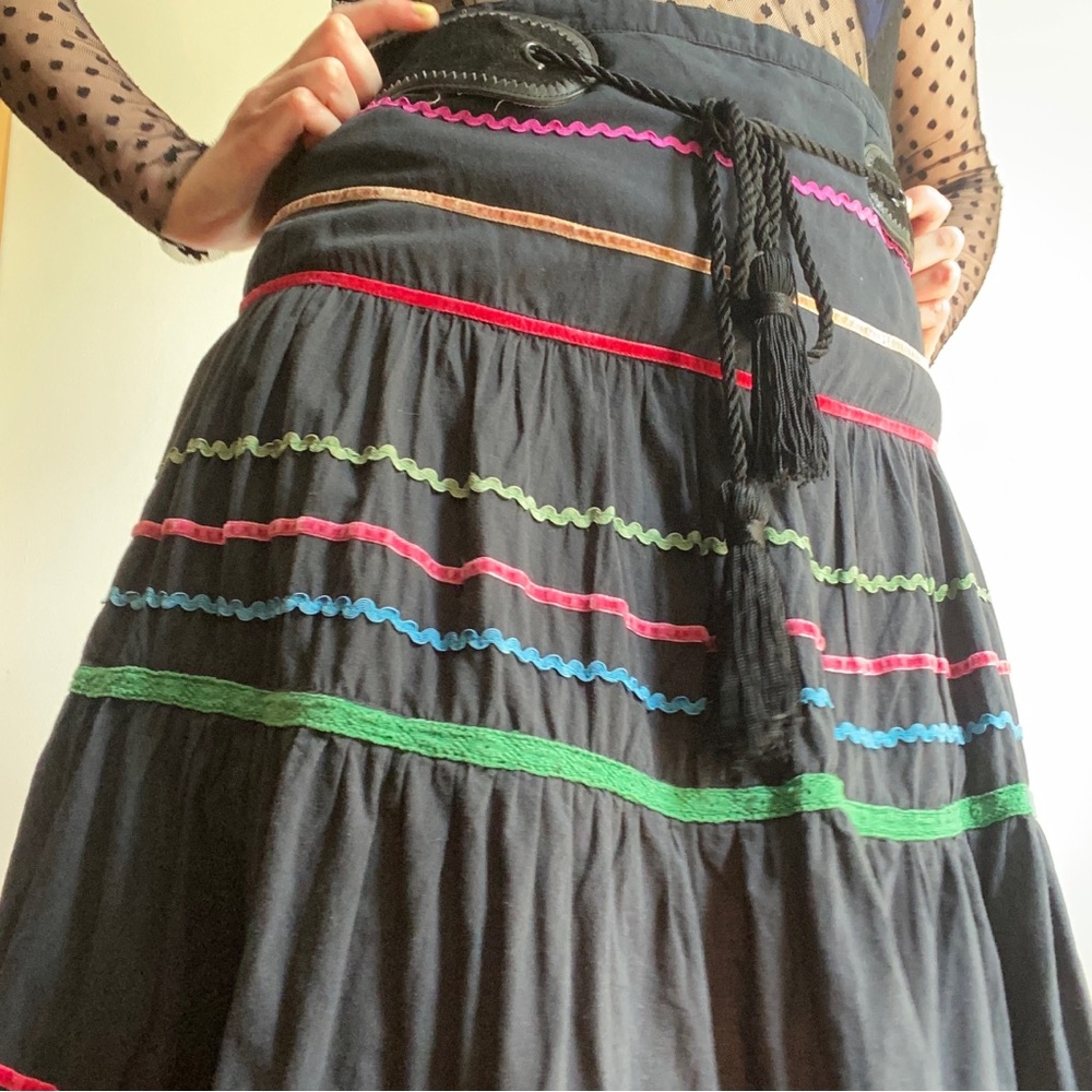 Vintage Y2K / 90s black floral ribbon boho cotton midi skirt balletcore